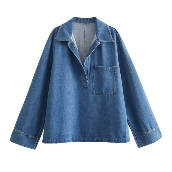 Olyvenn Women Denim Pullover Shirt Collared Vintage Long Sleeve Lapel Side Open Bent Pocket Casual Shirts Top Blue XS