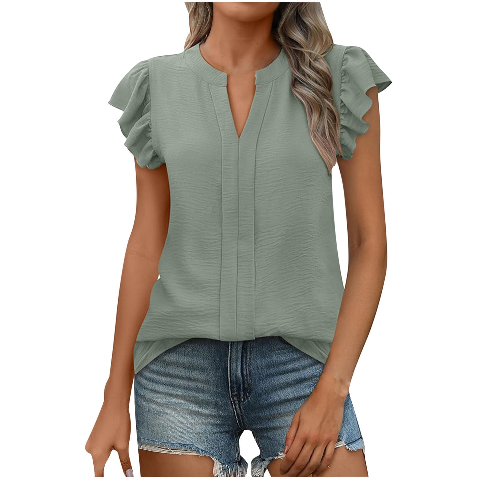 Olyvenn Women Dressy Casual Blouse Ruffle Short Sleeve V Neck Textured ...