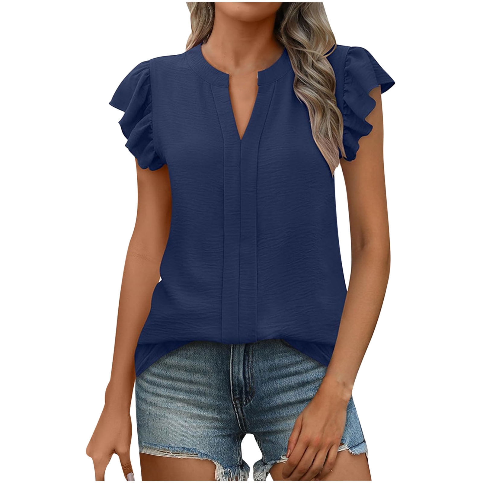 Olyvenn Women Dressy Casual Blouse Ruffle Short Sleeve V Neck Textured ...
