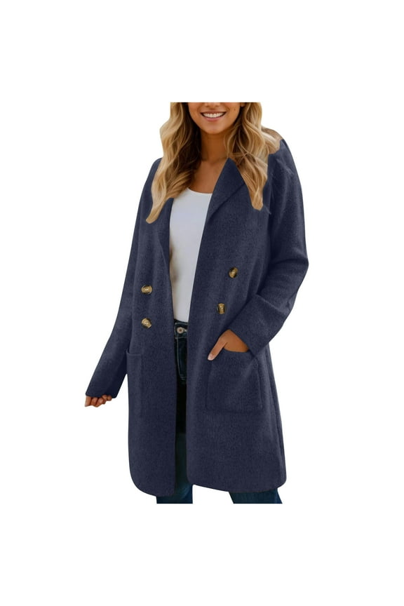 Women Fall Long Cardigan Sweater Trendy Knit Jacket Coat Dressy Blazer Button Down Open Front Cardigan Blue L