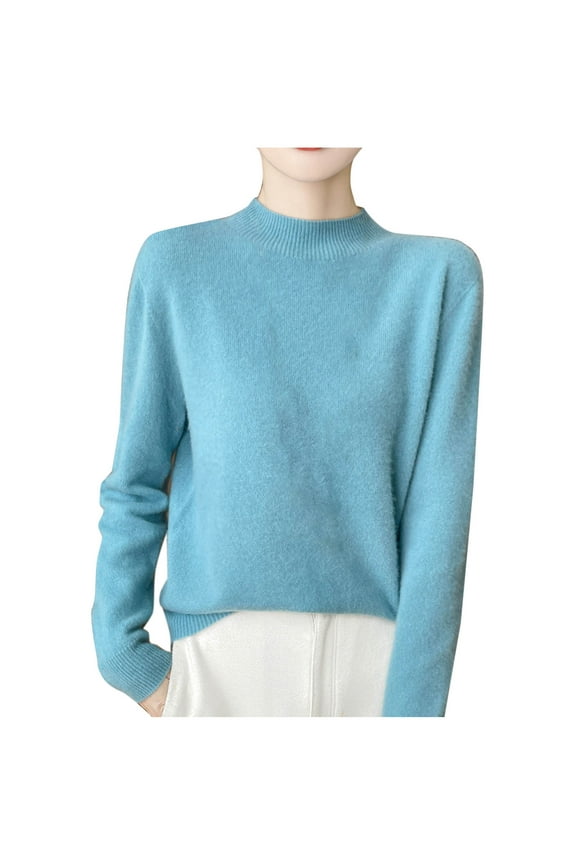 Women Fall/Winter Comfy Wool Mock Neck Pullover Long Sleeve Fashion Rhinestone Knit Warm Base Sweater Blue XXL