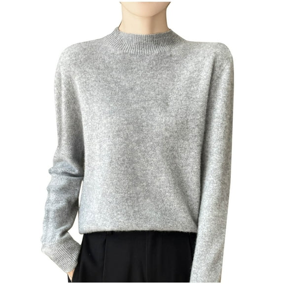 Olyvenn Women Fall/Winter Comfy Wool Mock Neck Pullover Long Sleeve Fashion Rhinestone Knit Warm Base Sweater Gray L