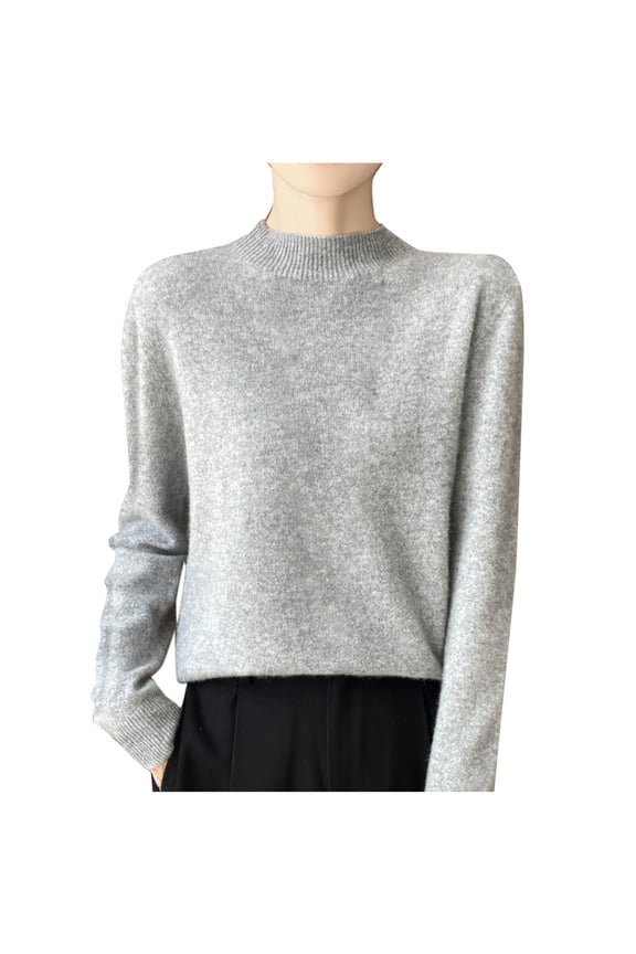Women Fall/Winter Comfy Wool Mock Neck Pullover Long Sleeve Fashion Rhinestone Knit Warm Base Sweater Gray S