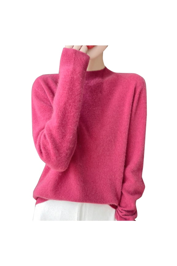 Women Fall/Winter Comfy Wool Mock Neck Pullover Long Sleeve Fashion Rhinestone Knit Warm Base Sweater Hot Pink L