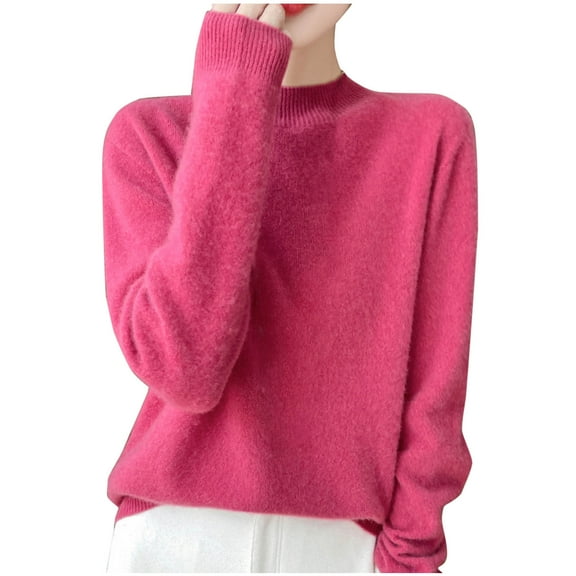 Olyvenn Women Fall/Winter Comfy Wool Mock Neck Pullover Long Sleeve Fashion Rhinestone Knit Warm Base Sweater Hot Pink M