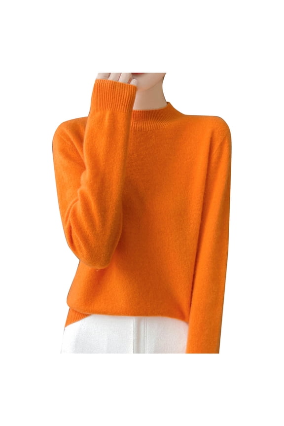 Women Fall/Winter Comfy Wool Mock Neck Pullover Long Sleeve Fashion Rhinestone Knit Warm Base Sweater Orange XXL
