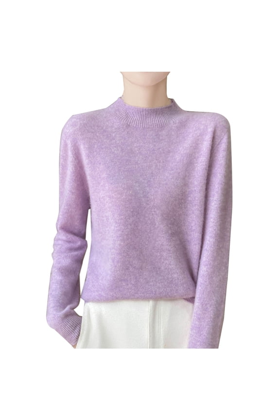 Women Fall/Winter Comfy Wool Mock Neck Pullover Long Sleeve Fashion Rhinestone Knit Warm Base Sweater Pink L