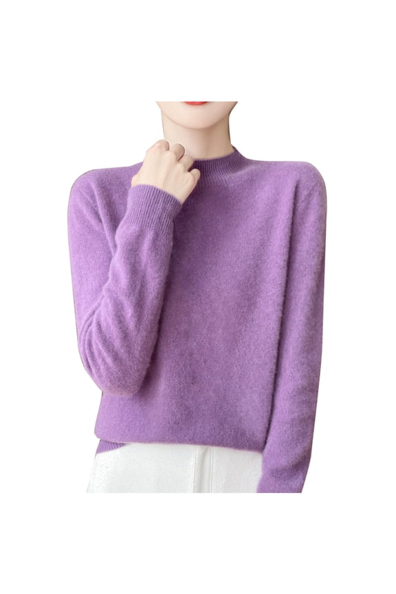Women Fall/Winter Comfy Wool Mock Neck Pullover Long Sleeve Fashion Rhinestone Knit Warm Base Sweater Purple L