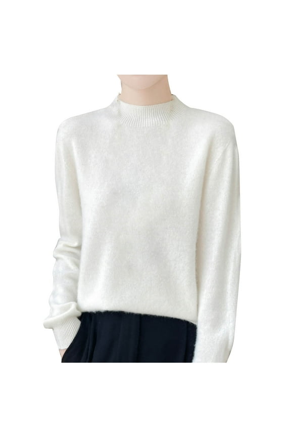 Women Fall/Winter Comfy Wool Mock Neck Pullover Long Sleeve Fashion Rhinestone Knit Warm Base Sweater White S