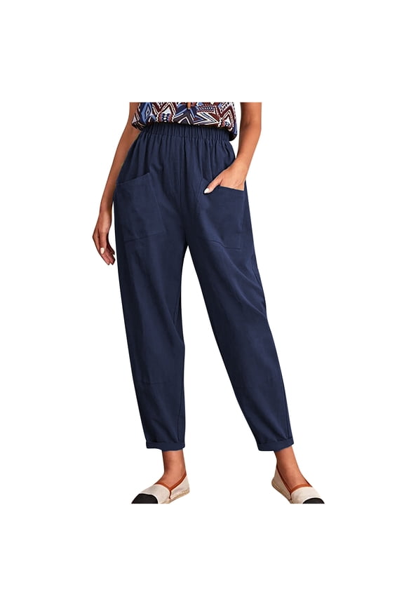 Women Fashion Elastic Waist Full Length Long Pants Summer Casual Pure Color Straight Leg Cotton Linen Cropped Pocket Trousers Female Fashion Navy 18