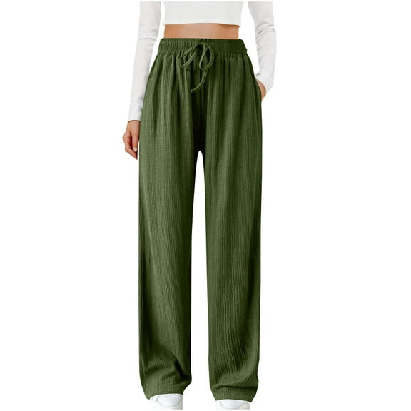 Olyvenn Women Fashion Textured Pants Wide Leg Casual Palazzo Trousers Drawstring High Waist Lounge Beach Pants with Pockets Army Green 4-6