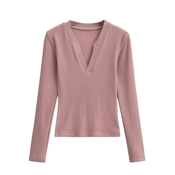 Olyvenn Women Fashion V Neck Long Sleeve Shirts Sexy Slim Fit Tops Fall Lightweight Soft Solid Color Shirt Pink M