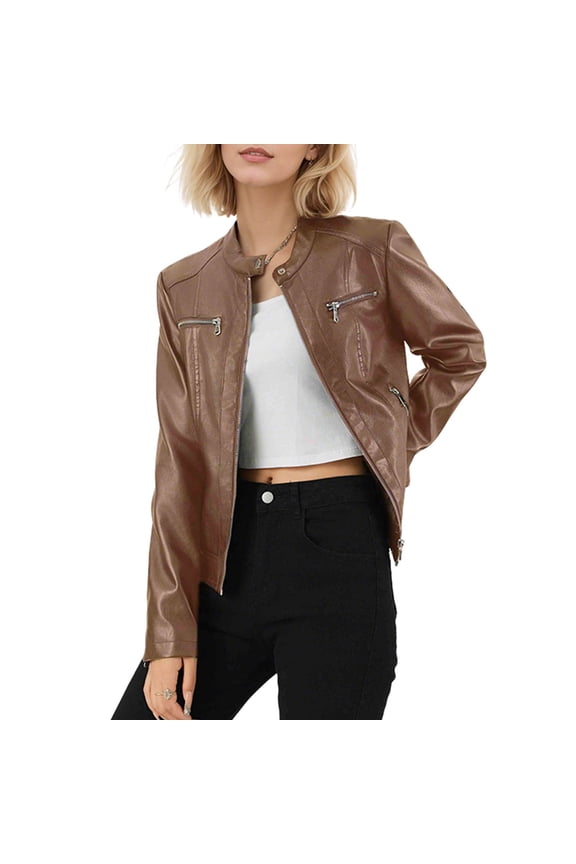 Women Faux Leather Zip Up Jackets Motorcycle Moto Biker Jackets Coat Cropped Motorcycle Biker Casual Blazer Brown XL