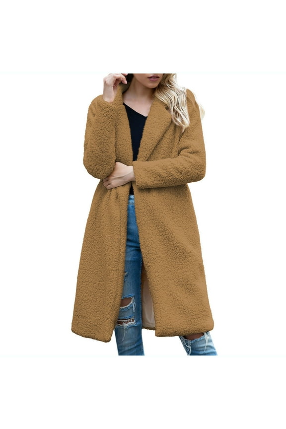 Women Faux Shearling Long Coats Winter Thicken Fuzzy Fleece Elegant Jacket Sherpa Wool Blend Long Peacoat Outerwear Brown M