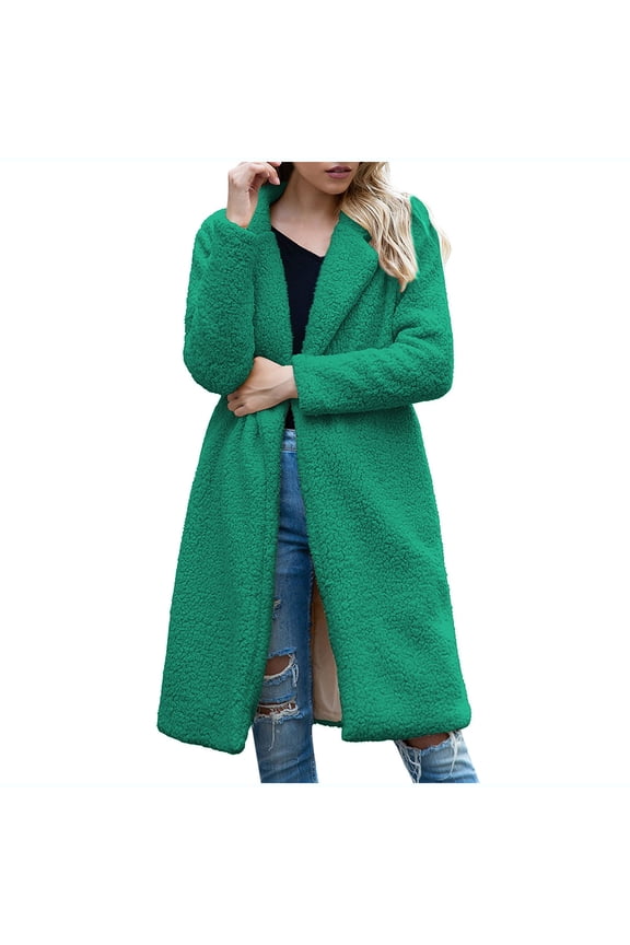 Women Faux Shearling Long Coats Winter Thicken Fuzzy Fleece Elegant Jacket Sherpa Wool Blend Long Peacoat Outerwear Green M