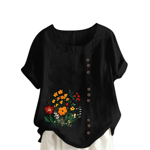 Olyvenn Women Floral Print Linen Shirts Short Sleeve Gauze Tops Loose Fit Cotton Blouses Trendy 2025 Clothing Black S
