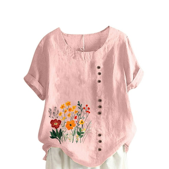 Olyvenn Women Floral Print Linen Shirts Short Sleeve Gauze Tops Loose Fit Cotton Blouses Trendy 2025 Clothing Pink L
