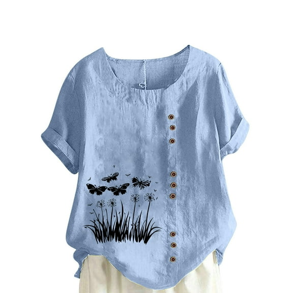 Olyvenn Women Floral Print Shirts Short Sleeve Tee Tops Loose Fit Blouses Tunics Trendy 2025 Button Down Shirt Clothing Light Blue XL