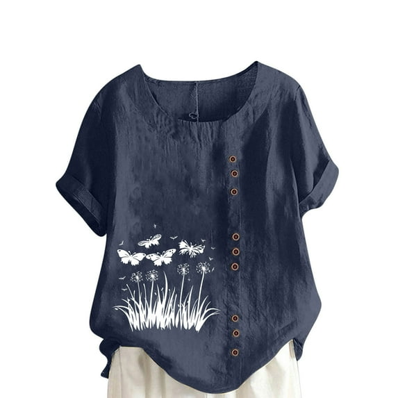 Olyvenn Women Floral Print Shirts Short Sleeve Tee Tops Loose Fit Blouses Tunics Trendy 2025 Button Down Shirt Clothing Navy XL