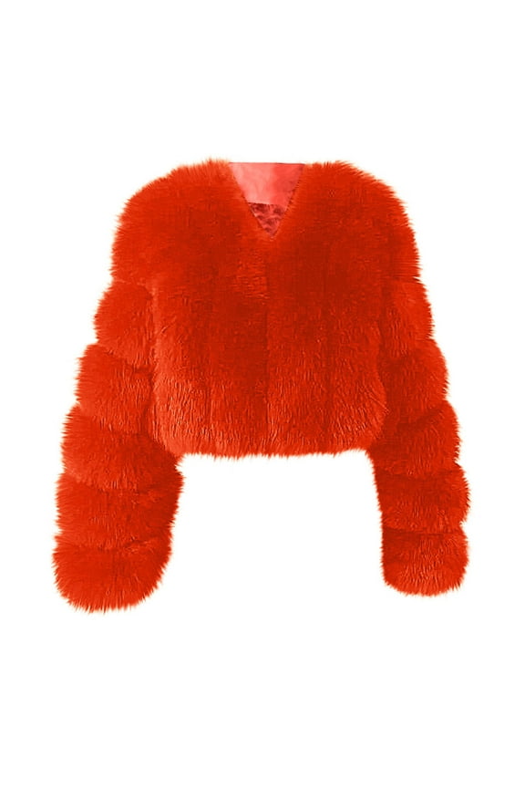 Women Fluffy Faux Fur Coat Cropped Jacket Puffer Jacket Zip Up Winter Warm Long Sleeve Fuzzy Teddy Jacket Orange XXL