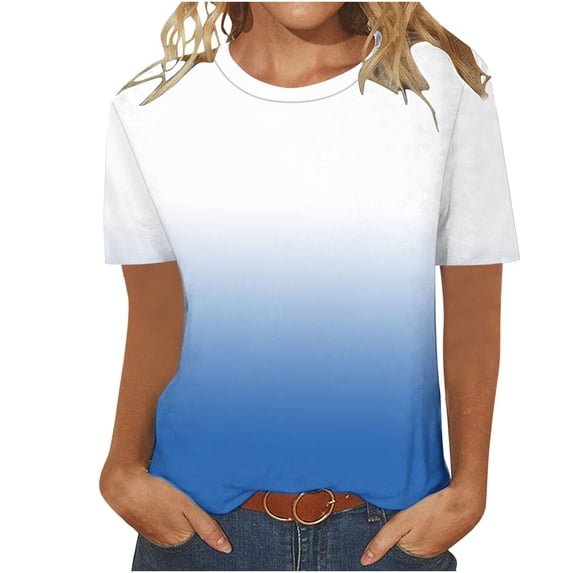 Olyvenn Women Gradient Color Shirts Short Sleeve Summer Topsd Ressy Casual Tunic Blouses Trendy Vacation Clothes 2025 Blue M
