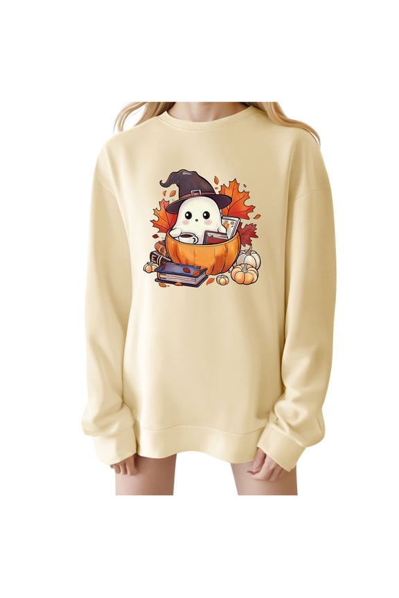 Women Halloween Sweatshirt Oversized Crewneck Fleece Pullover Sweatshirts Long Sleeve Cute Y2k Ghost Graphic Sweat Shirts Beige L