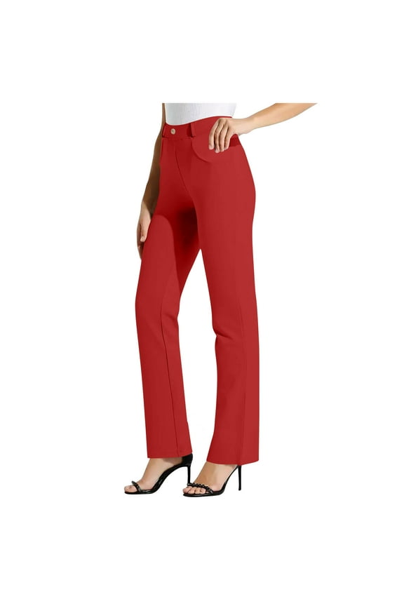 Women High Waist Wide Straight Leg Trousers Casual Slacks Dress Pants Comfortable Business Office Pant with Pockets Red M