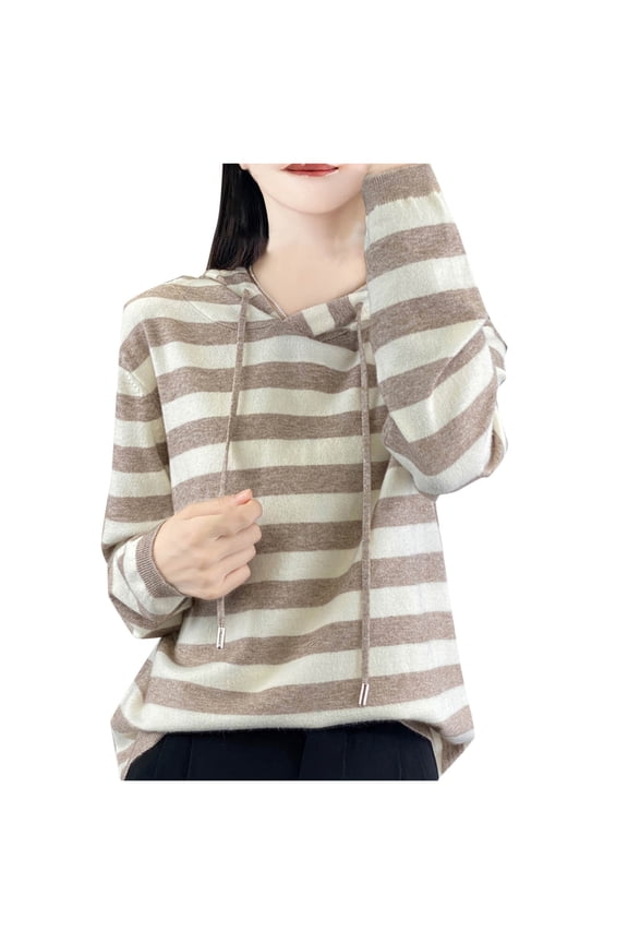 Women Knit Shirt Lightweight Drawstring Hooded Sweatshirt Long Sleeve Striped Sweater Blouses Tops Casual Tunic Tees Beige M