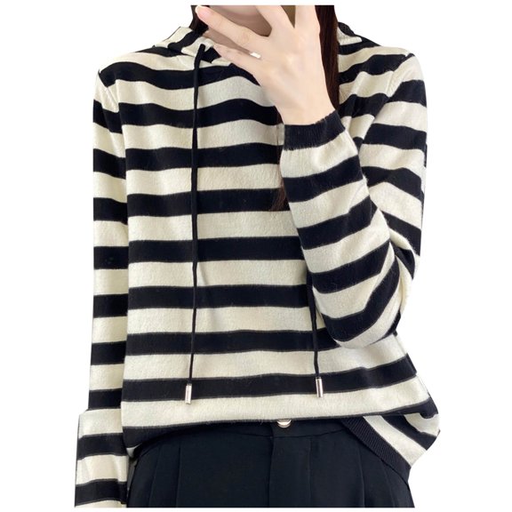 Olyvenn Women Knit Shirt Lightweight Drawstring Hooded Sweatshirt Long Sleeve Striped Sweater Blouses Tops Casual Tunic Tees Black S