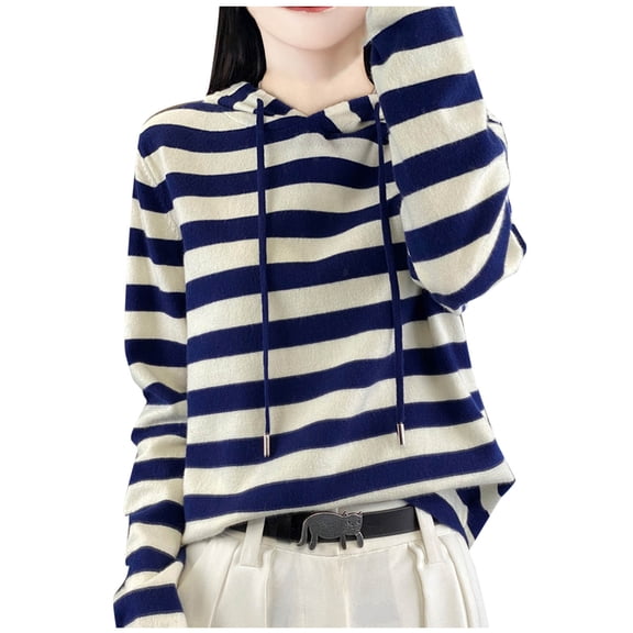 Olyvenn Women Knit Shirt Lightweight Drawstring Hooded Sweatshirt Long Sleeve Striped Sweater Blouses Tops Casual Tunic Tees Blue M