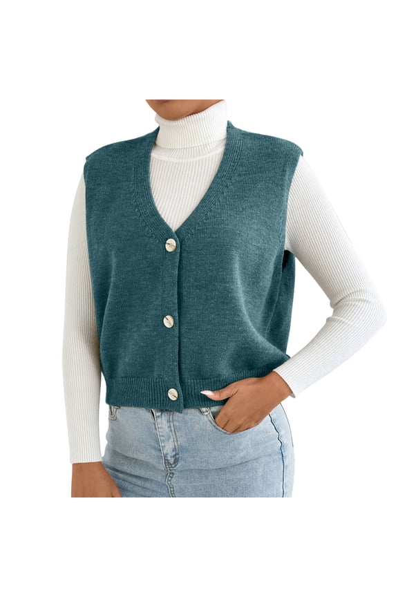 Women Knit V-Neck Crop Sweater Vest, Sleeveless Button Down Casual Sweaters Cardigan Loose Comfy Work Daily Vest Tops Blue M