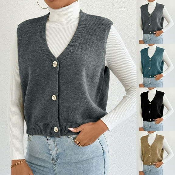 Olyvenn Women Knit V-Neck Crop Sweater Vest, Sleeveless Button Down Casual Sweaters Cardigan Loose Comfy Work Daily Vest Tops Khaki S