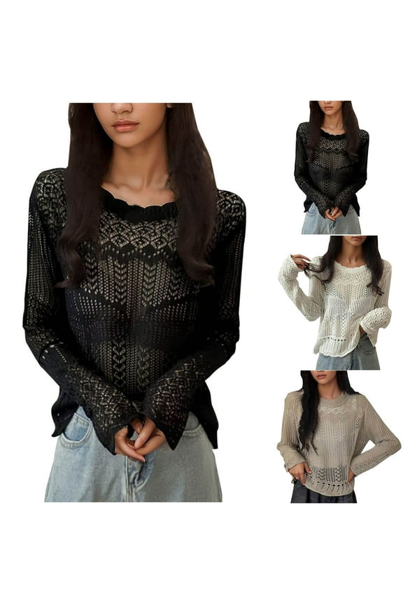 Women Knitted Hollow Out Sweaters Spring Thin Loose Casual See Through Trendy Pullovers Crewneck Lace Ruffle Tops Black 4