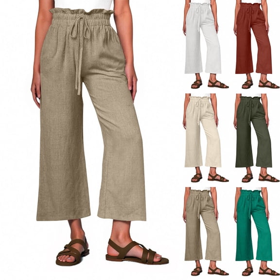 Olyvenn Women Linen Pants Casual Loose High Waist Boho Wide Leg Cropped Palazzo Beach Pants Summer Outfits 2025 Trendy Army Green XL