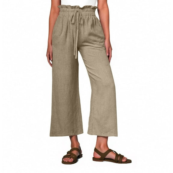 Olyvenn Women Linen Pants Casual Loose High Waist Boho Wide Leg Cropped Palazzo Beach Pants Summer Outfits 2025 Trendy Brown S