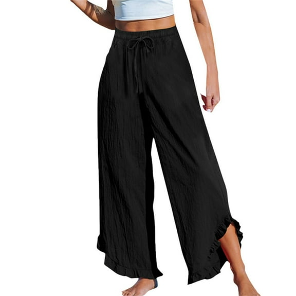 Olyvenn Women Linen Pants Summer Wide Leg Beach Capris Lightweight High Waist Ruffle Flowy Palazzo Pant Boho Casual Trousers Black S