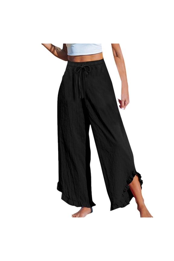 Women Linen Pants Summer Wide Leg Beach Capris Lightweight High Waist Ruffle Flowy Palazzo Pant Boho Casual Trousers Black S