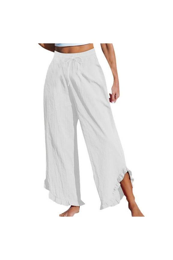 Women Linen Pants Summer Wide Leg Beach Capris Lightweight High Waist Ruffle Flowy Palazzo Pant Boho Casual Trousers White XXL