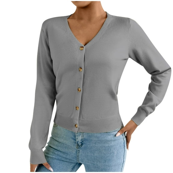 Olyvenn Women Long Sleeve Button Down Casual Sweater Blouses, Fashion Knit V-Neck Sweaters Cardigan Solid Color Basic Daily Clothes Gray S