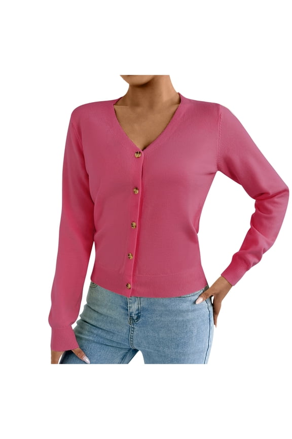Women Long Sleeve Button Down Casual Sweater Blouses, Fashion Knit V-Neck Sweaters Cardigan Solid Color Basic Daily Clothes Hot Pink S