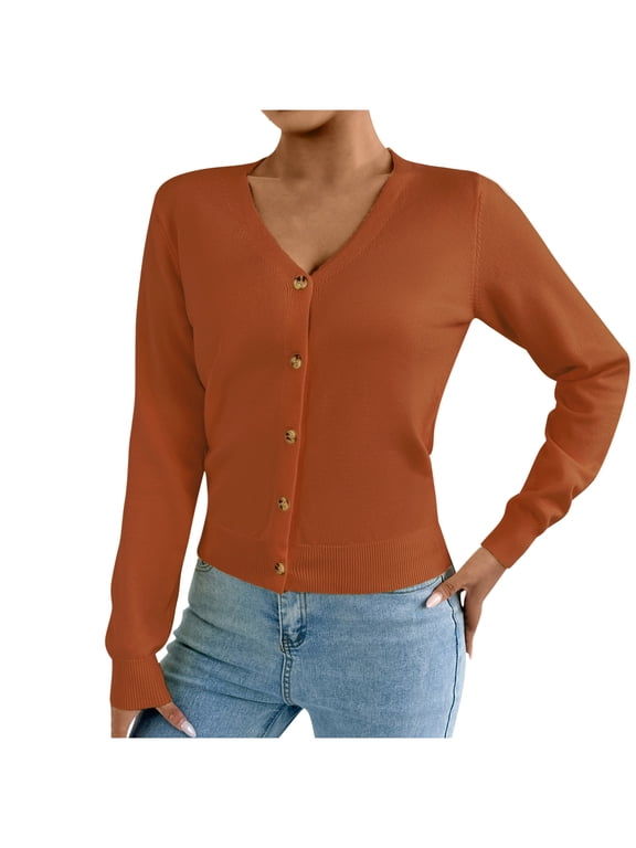 Women Long Sleeve Button Down Casual Sweater Blouses, Fashion Knit V-Neck Sweaters Cardigan Solid Color Basic Daily Clothes Orange XL