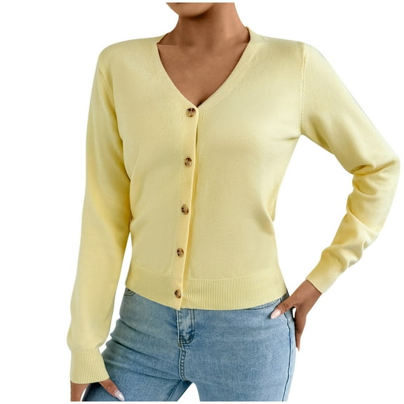 Olyvenn Women Long Sleeve Button Down Casual Sweater Blouses, Fashion Knit V-Neck Sweaters Cardigan Solid Color Basic Daily Clothes Yellow S