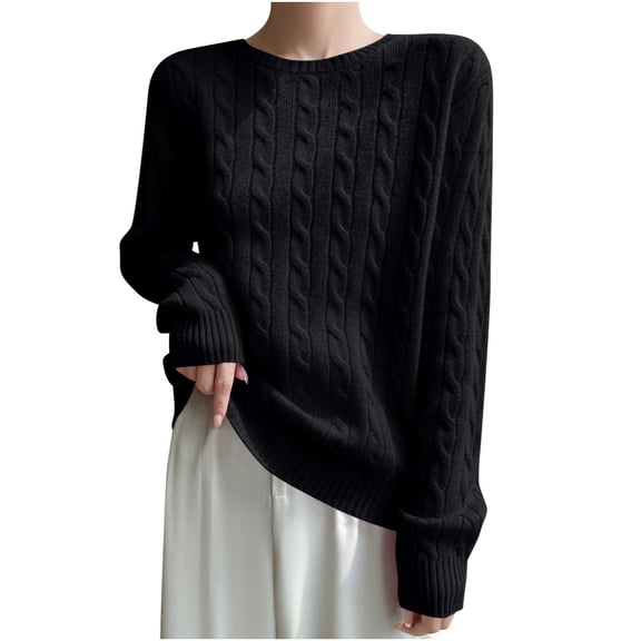 Olyvenn Women Long Sleeve Cable Knit Casual Sweater, Loose Crewneck Fall Sweaters Pullover Solid Color Comfy Daily Tops Black S