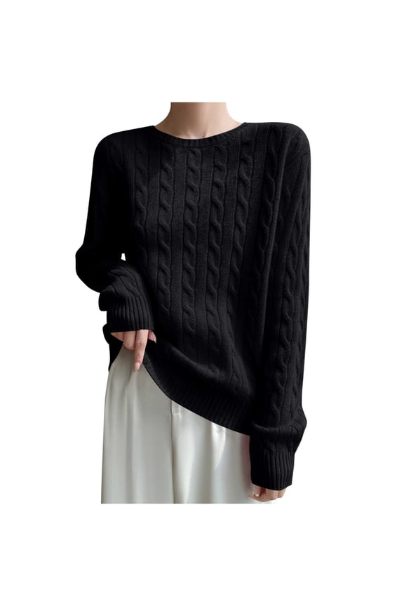 Women Long Sleeve Cable Knit Casual Sweater, Loose Crewneck Fall Sweaters Pullover Solid Color Comfy Daily Tops Black S
