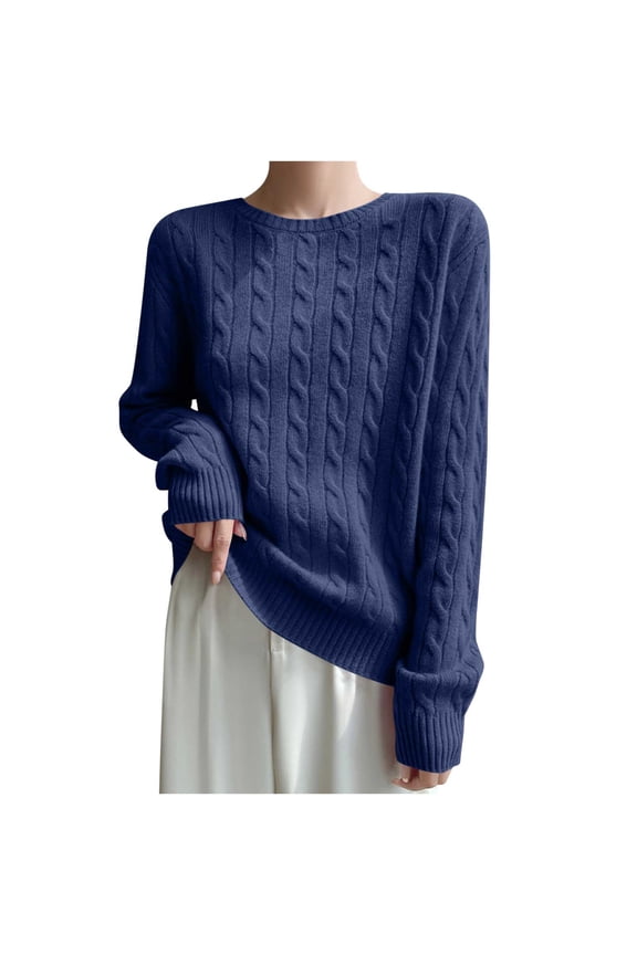 Women Long Sleeve Cable Knit Casual Sweater, Loose Crewneck Fall Sweaters Pullover Solid Color Comfy Daily Tops Blue M