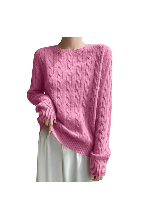 Women Long Sleeve Cable Knit Casual Sweater, Loose Crewneck Fall Sweaters Pullover Solid Color Comfy Daily Tops Pink M