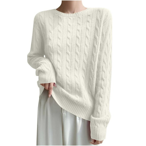 Olyvenn Women Long Sleeve Cable Knit Casual Sweater, Loose Crewneck Fall Sweaters Pullover Solid Color Comfy Daily Tops White S