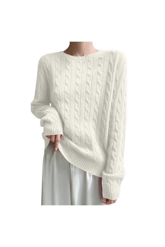 Women Long Sleeve Cable Knit Casual Sweater, Loose Crewneck Fall Sweaters Pullover Solid Color Comfy Daily Tops White XL