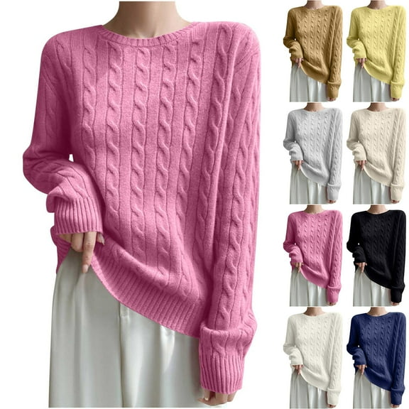 Olyvenn Women Long Sleeve Cable Knit Casual Sweater, Loose Crewneck Fall Sweaters Pullover Solid Color Comfy Daily Tops White XXL