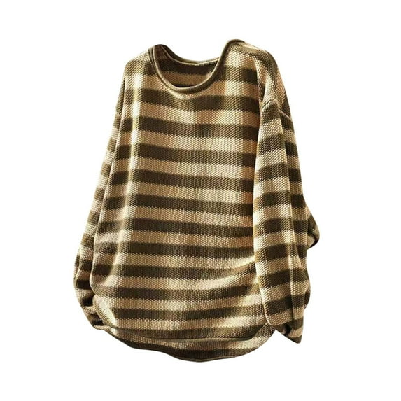 Olyvenn Women Long Sleeve Crewneck Loose Sweater, Fashion Striped Color Block Knit Pullover Tops Fall Going Out Casual Sweaters Beige S